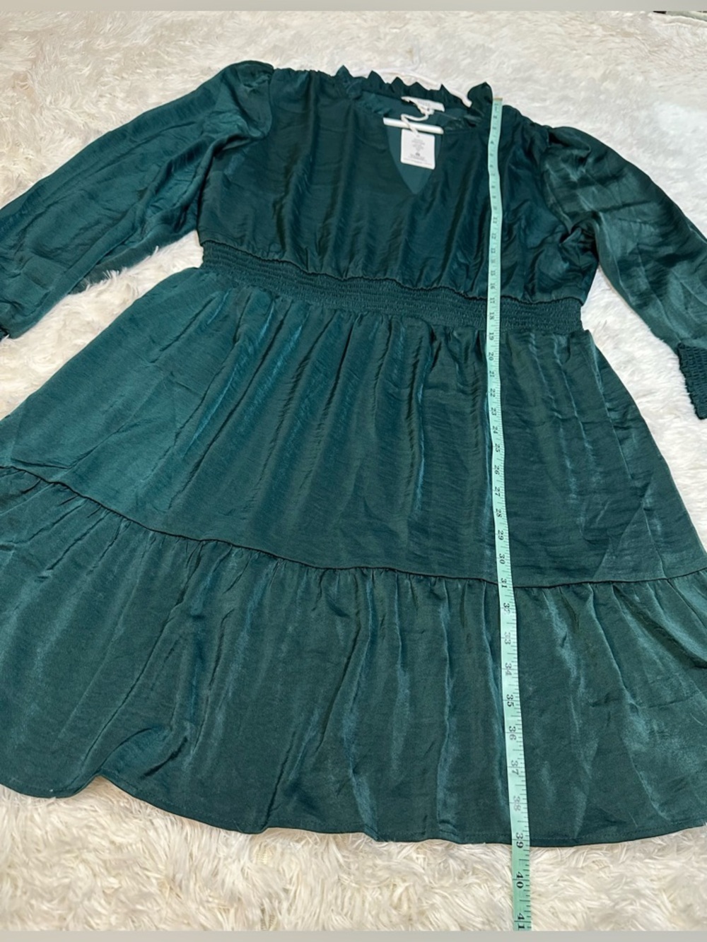 Lucky Brand Emerald Long-Sleeve V-Neck Smocked Mini Dress Ruffle XL Elegant - Picture 7 of 11